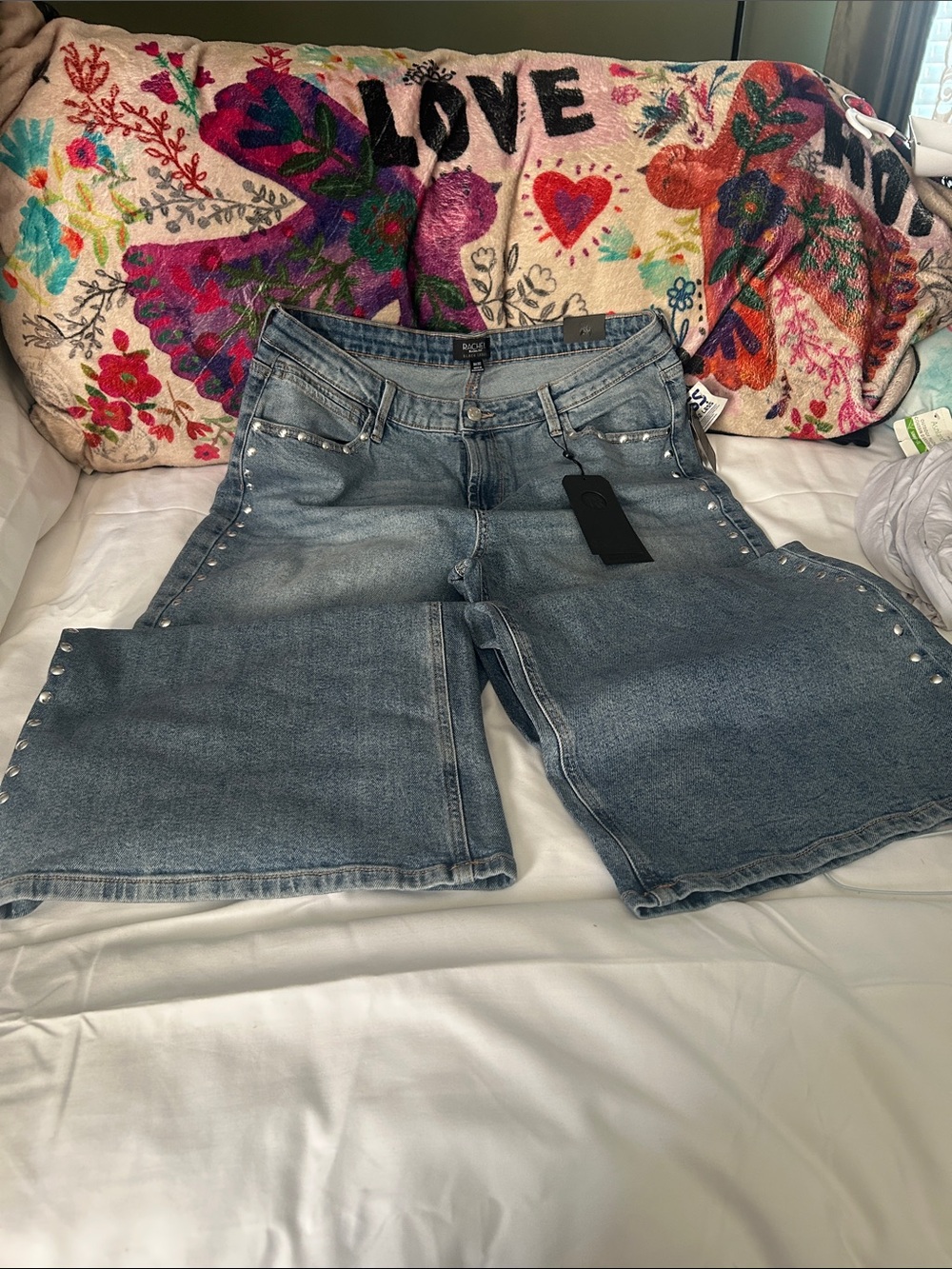 Rachel Light Blue Stud-Trim Wide Leg Jeans